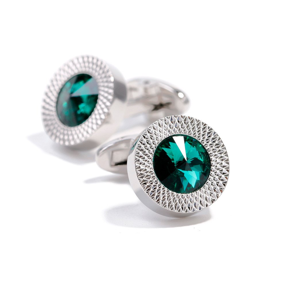 High-quality Lightweight Luxury Green Crystal Round Silver Cufflinks